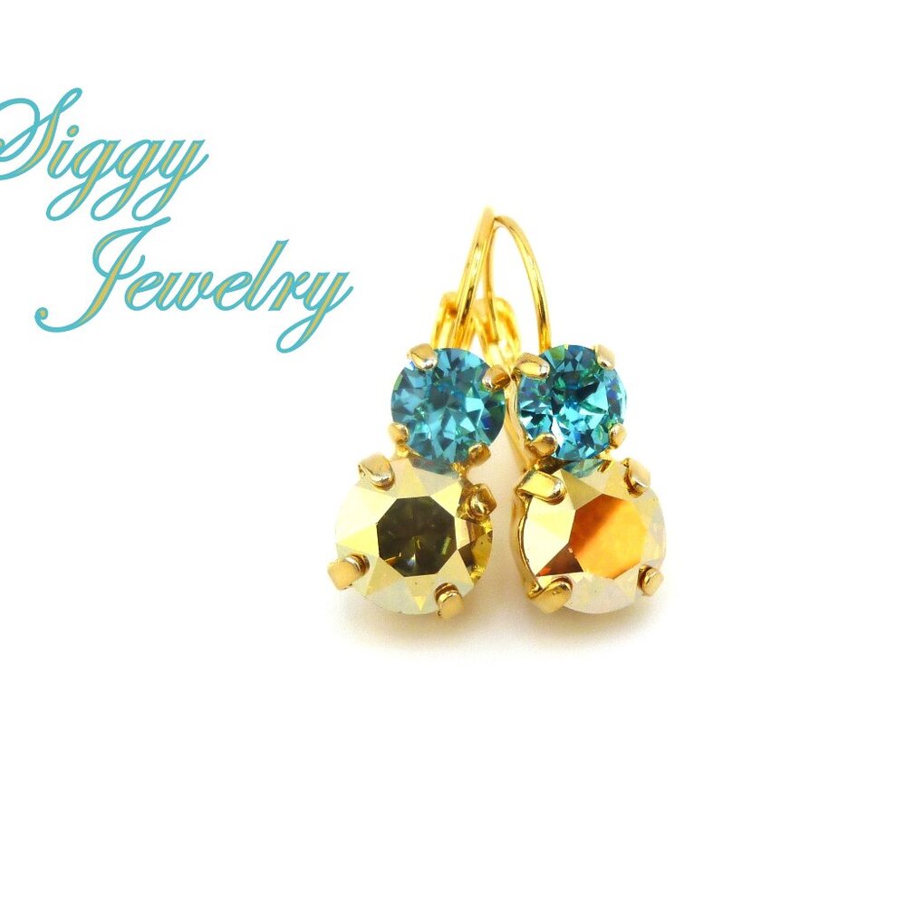 Double Drop Earrings Made with Genuine Austrian Crystal Gold and Light Turquoise
